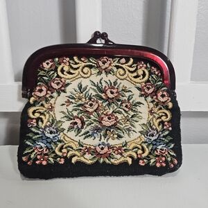 Floral Tapestry Clasp Wristlet in Black and Burgundy